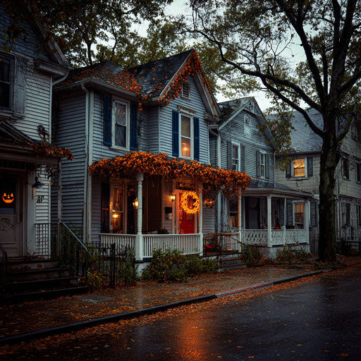Street scene with houses decorated for Halloween