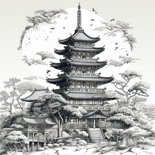 Black and white pagoda in manga style narrative symbolism