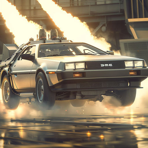 Launch of a 1981 silver DeLorean DMC-12 in space