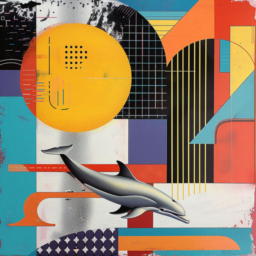 Abstract composition with geometric shapes and dolphins