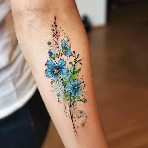 Wildflower tattoo in the rain, watercolor effect, blues and greens, serene