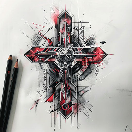 Futuristic flat tattoo sketch featuring the Cruz with holographic and digital motifs