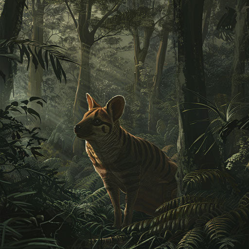 Thylacine standing in a dense forest