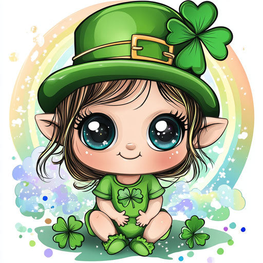 St. Patrick's Day baby, cute chibi-style clipart with rainbow and green clovers on white background