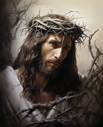 Jesus with a crown of thorns, captivating photo-realistic drawing