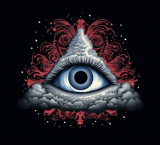 Eye in a cloud with lightning in fine line style