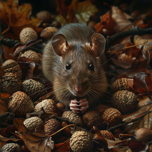 Brown rat with a curious expression, surrounded by fallen acorns