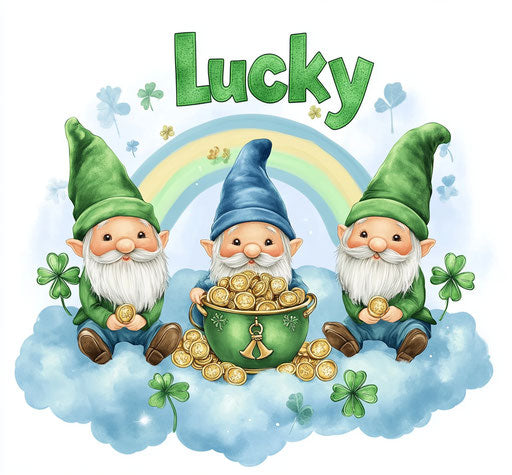 Three cute gnomes sitting on a cloud with a pot of gold