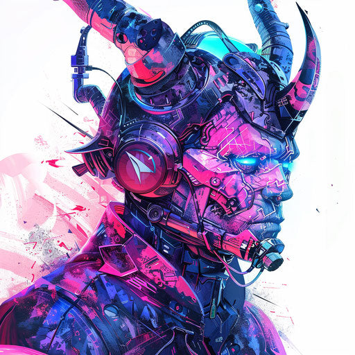 Cyberpunk oni with futuristic details and neon colors