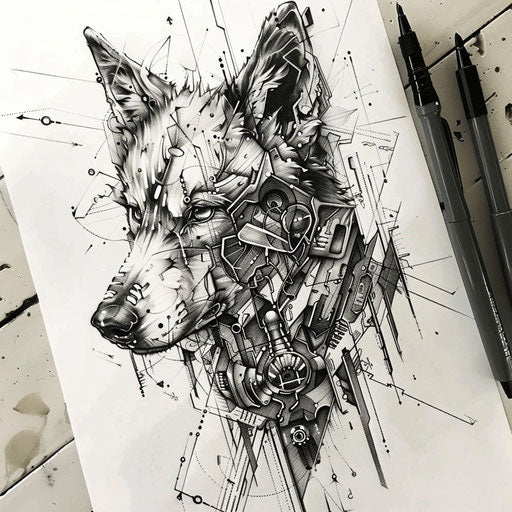 Futuristic tattoo sketch of a lobo with metallic effects and modern design