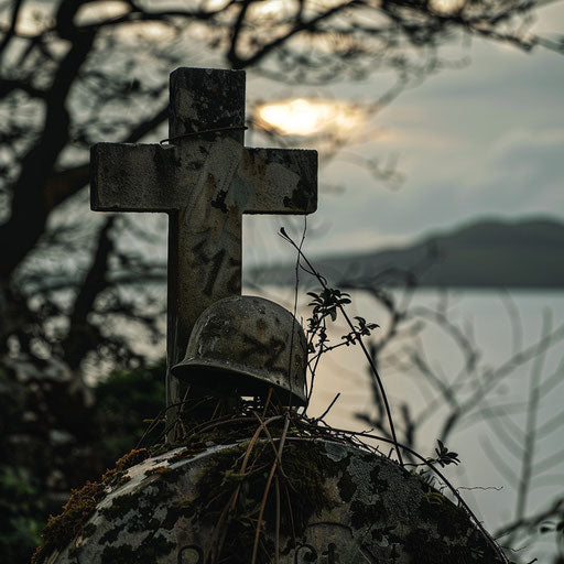 Sailor's grave marked by a cross with a helmet