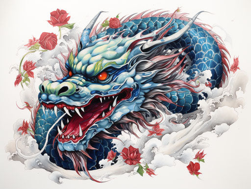Blue dragon in dark Asian tattoo style