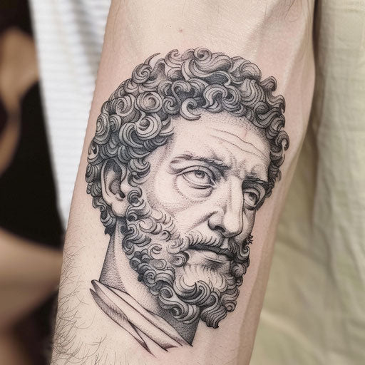 Bold flat tattoo sketch of a stoic Marcus Aurelius face with strong, impactful shading