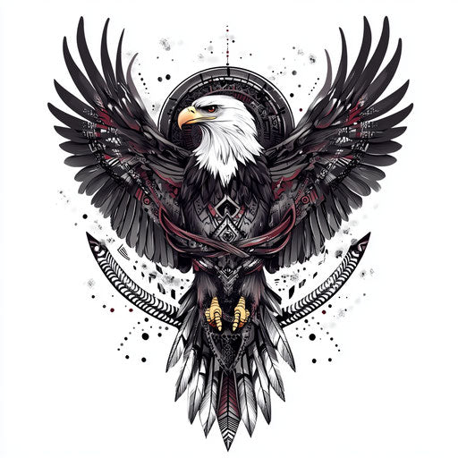 Chest eagle tattoo with tribal patterns on white background