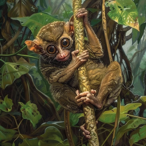 A tarsier in a playful pose, swinging from a liana vine in the dense, tropical undergrowth
