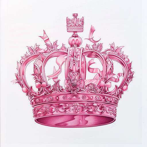 Crown with pink ribbons tattooed on white background
