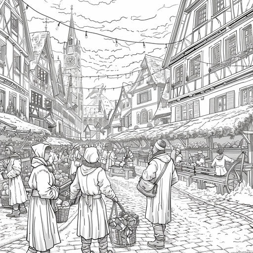 Historical Christmas market scene in the style of Gennady Spirin