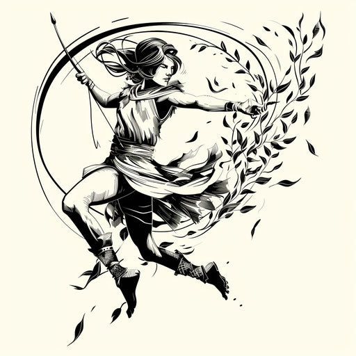 Energetic flat tattoo sketch of Artemis in motion, with a trail of leaves following her