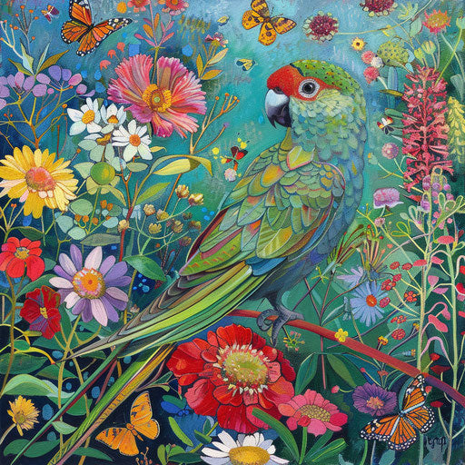 Swift parrot exploring a colorful garden