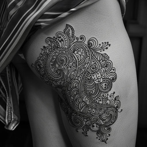 Intricate thigh tattoo in henna style