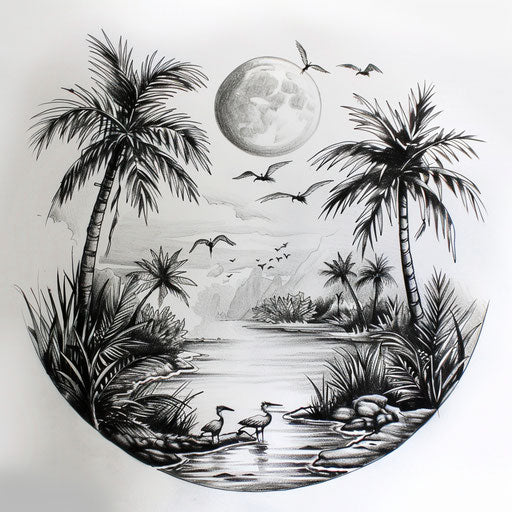 Exotic flat tattoo sketch of a tropical riverside with lush palm trees and exotic birds