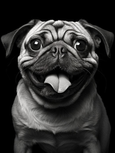 Black and white photo of a pug and happy face
