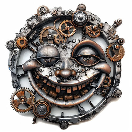 Steampunk-inspired smiley face tattoo, metallic gears on white
