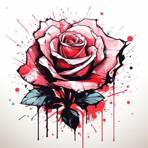 Pink rose on white background with black dots, bold graffiti style