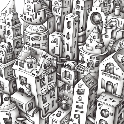 Whimsical cityscape with number-shaped buildings
