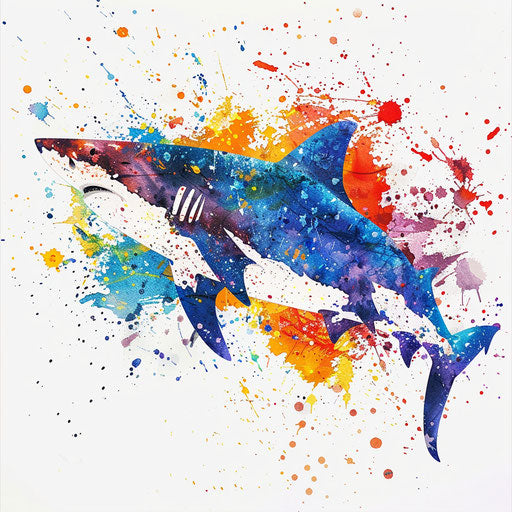 Artistic interpretation of a shark in watercolor splashes