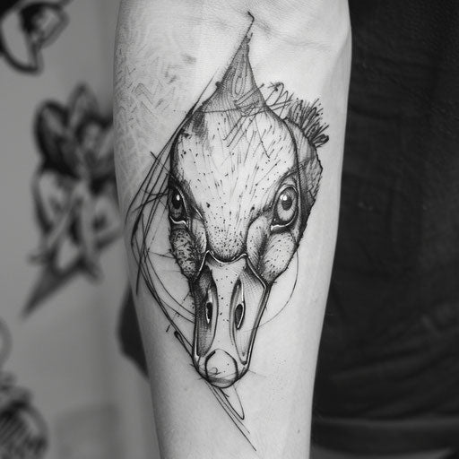 Bold flat tattoo sketch of a goose's head with intense eyes