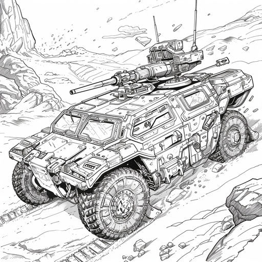 Detailed military vehicles, Mark Schultz style, coloring page