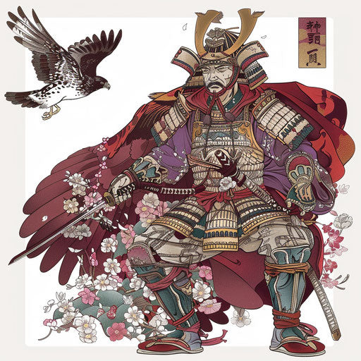 Samurai hunter with hawk in traditional tattoo