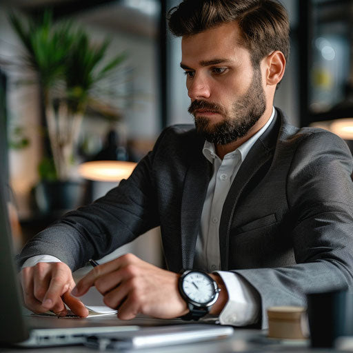 Businessman checking smartwatch in contemporary office setting