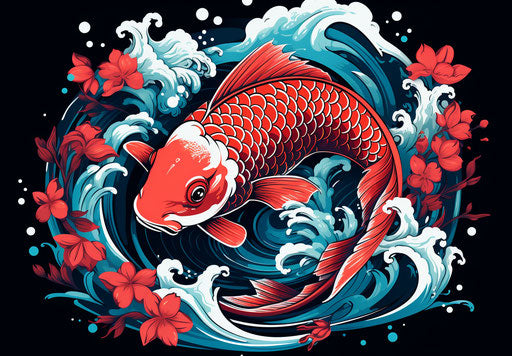 Stylized red koi fish design, maroon and teal style