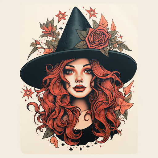 Witch with hat and rosy hair, classic tattoo art print