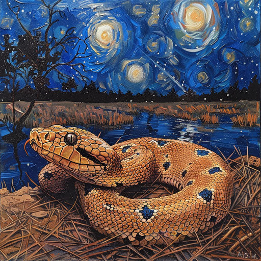Copperhead under a starry night sky, inspired by Marsel van Oosten