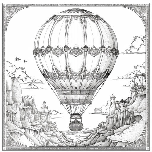 Medieval fantasy balloon, Gennady Spirin style, coloring book