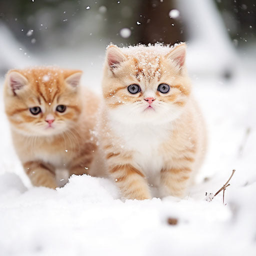 Exotic shorthair cat kittens playing in the snow