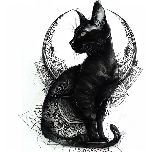 Black cat tattoo in mandala on white background
