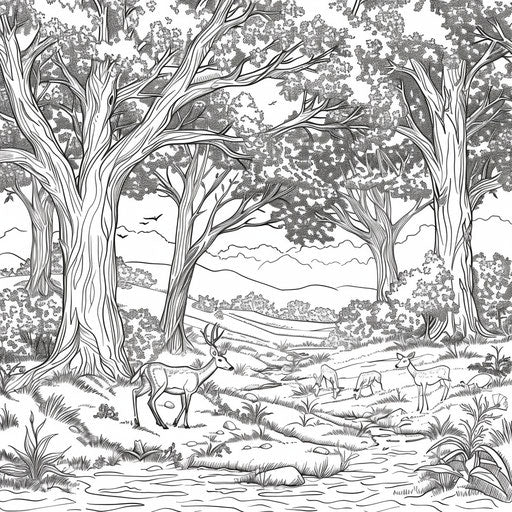 Peaceful meadow with deer family under tall oaks - Coloring book