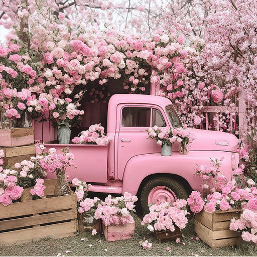 Vintage truck with pink roses in trunk, backdrop for photoshoot