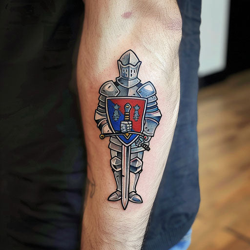 Traditional tattoo sketch of a knight saluting with his sword
