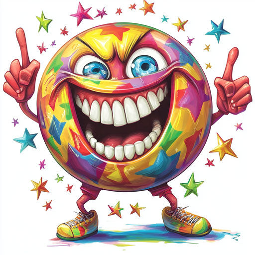 Humorous caricature of a ball caricature clipart with human characteristics, exaggerated toothy teeth, small feet, surrounded by stars, vibrant colors, cartoon style, pointing, high-resolution, no background, isolated
