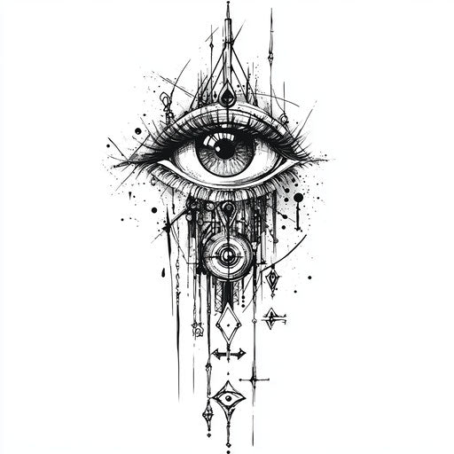Mystical eye tattoo with runes on arm, flat clipart style