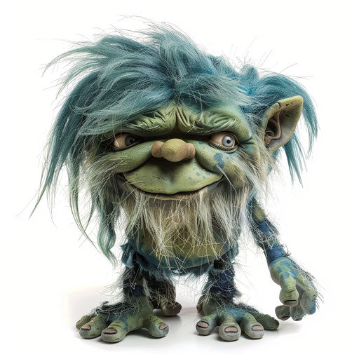 Realistic troll illustration on flat white background, high contrast