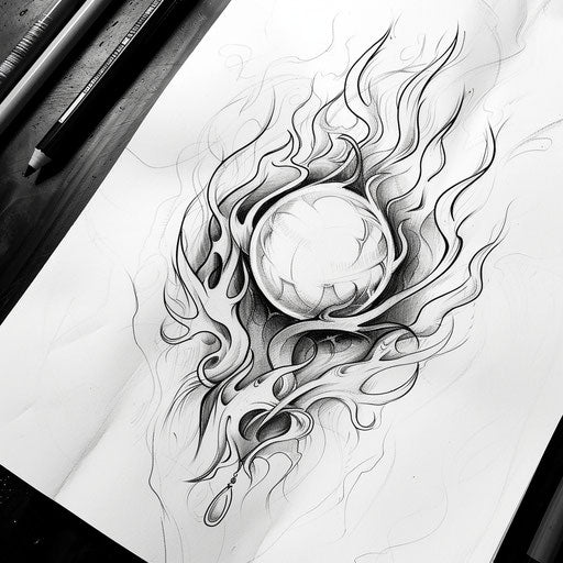 Flat tattoo sketch of a levitating orb surrounded by ethereal flames