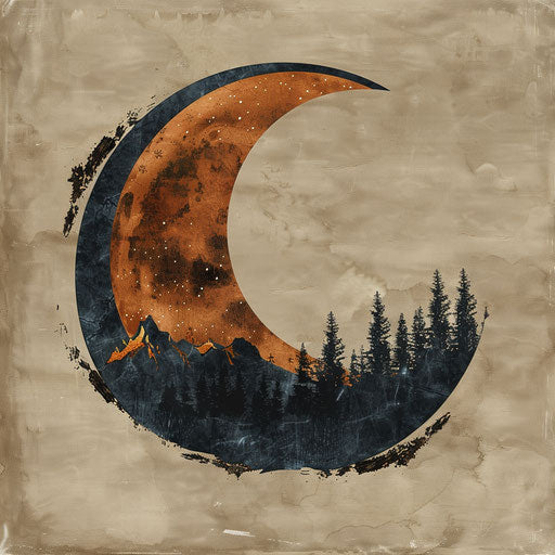 Half moon over mountain landscape, rustic clipart style