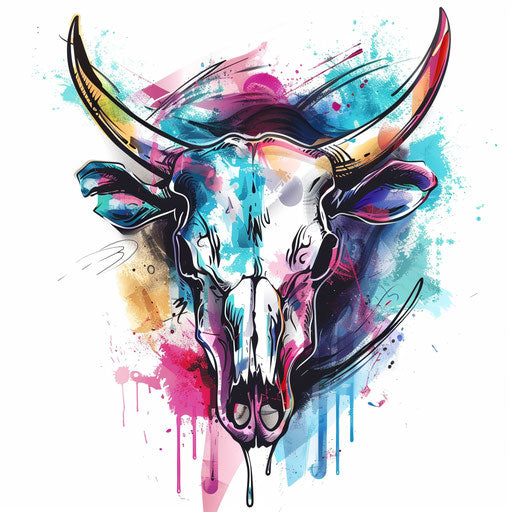 Cow skull with vibrant watercolor splashes