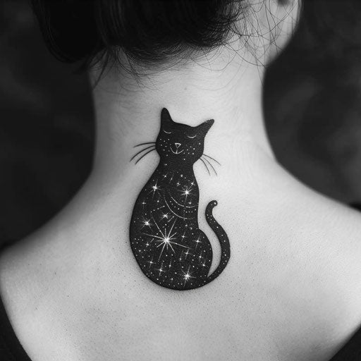Black cat silhouette tattoo with cosmic patterns on white